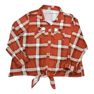 MySTYLE Shirt Womens 2X Orange Plaid Tie Front Button Up Long Sleeve Stretch Top